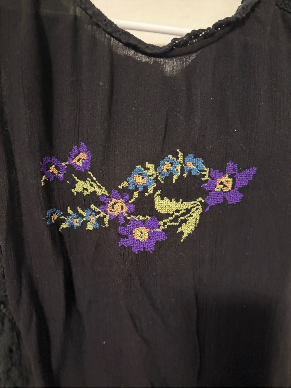 Free People Black Short Sleeve Blouse with Purple Floral Embroidery - Picture 4 of 4